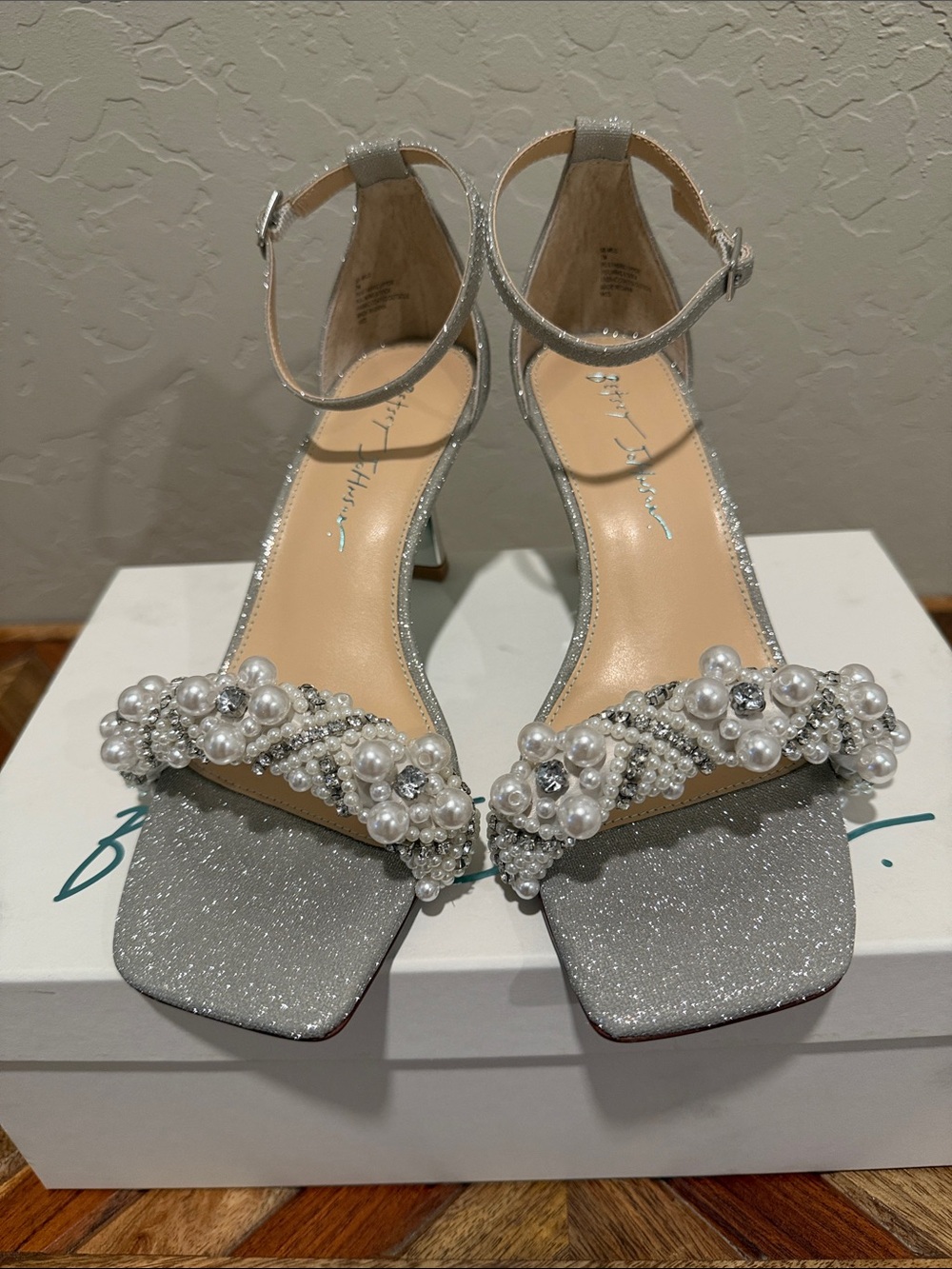 Betsey Johnson Silver Glitter Pearl & Crystal Open-Toe Ankle Strap Heels